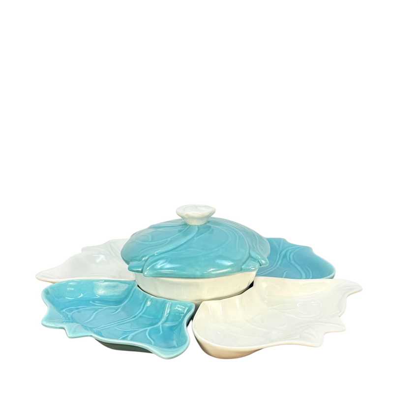 Vintage MCM Turquoise Chip & Dip Set | 16.5 in Mid Century Modern Ceramic Serving Platter with Lidded Bowl | Aqua and White Leaf Snack Tray