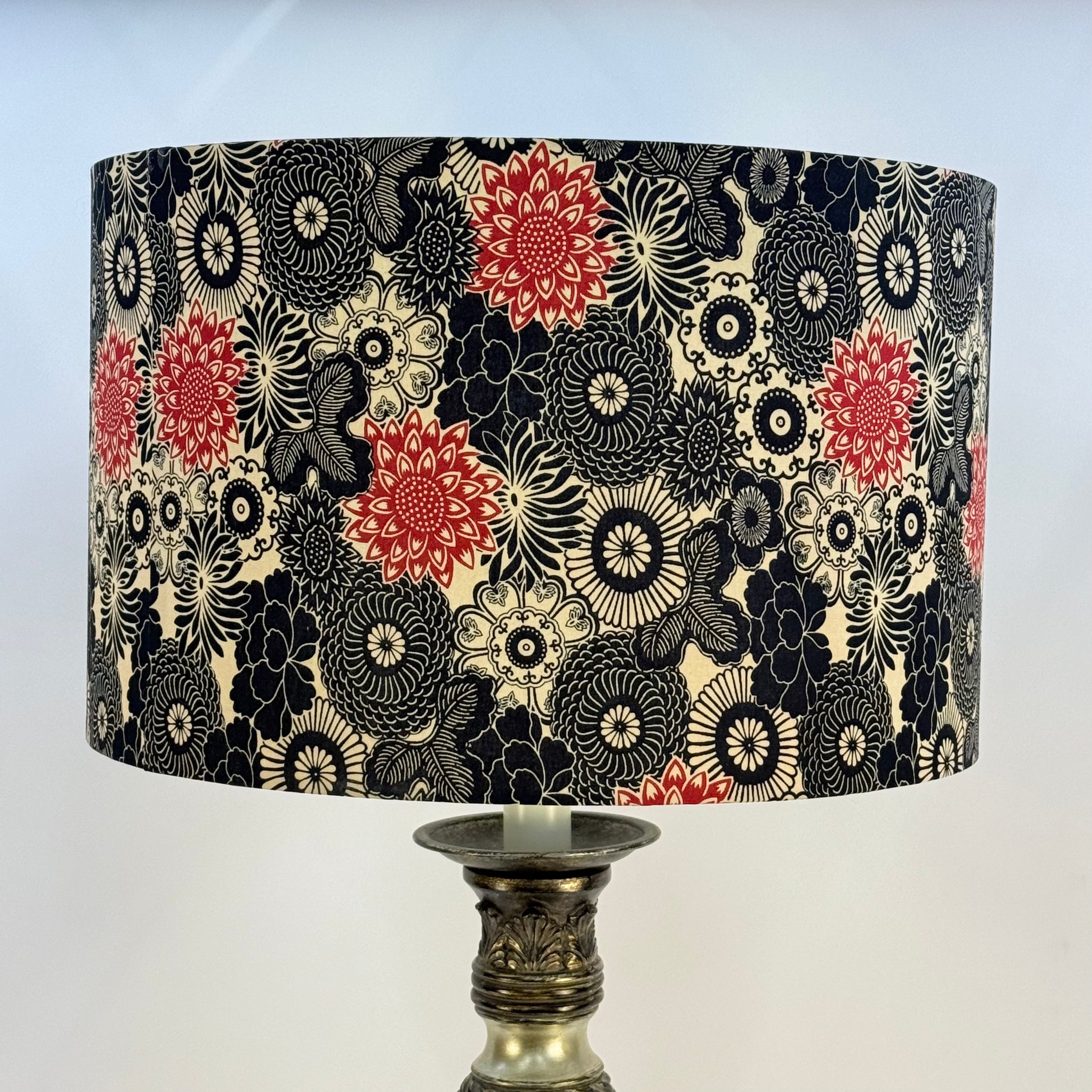 Red and Black Retro Floral - 16 inch Drum Shade