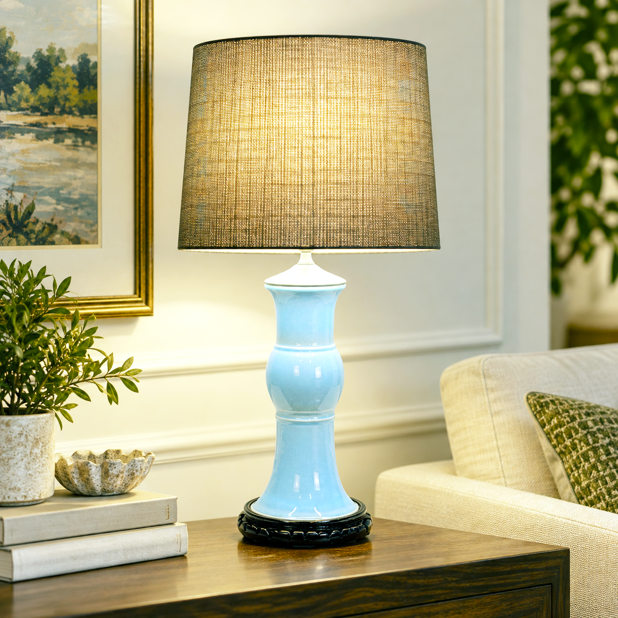Vintage Light Blue Ceramic Table Lamp, Celadon Asian Style Lamp, Black Carved Base, Chinoiserie Lamp, 24 Inch Vintage Lighting