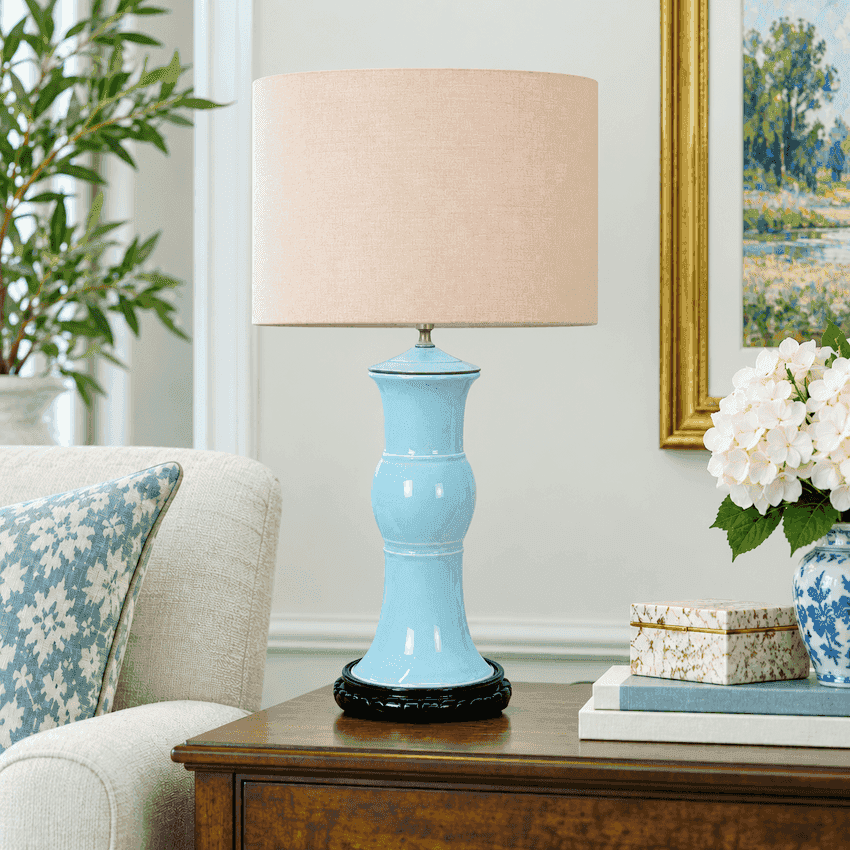 Vintage Light Blue Ceramic Table Lamp, Celadon Asian Style Lamp, Black Carved Base, Chinoiserie Lamp, 24 Inch Vintage Lighting