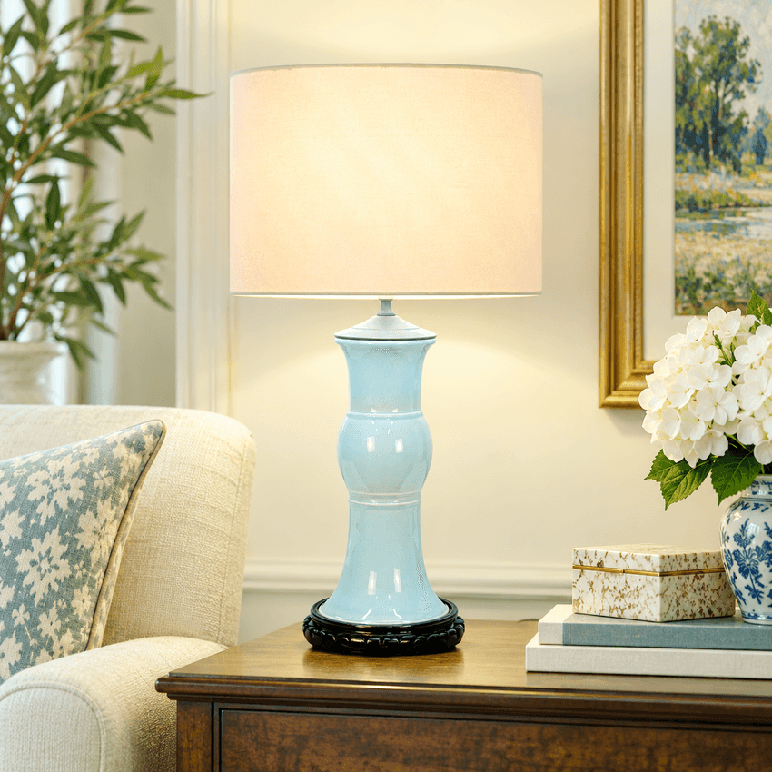 Vintage Light Blue Ceramic Table Lamp, Celadon Asian Style Lamp, Black Carved Base, Chinoiserie Lamp, 24 Inch Vintage Lighting