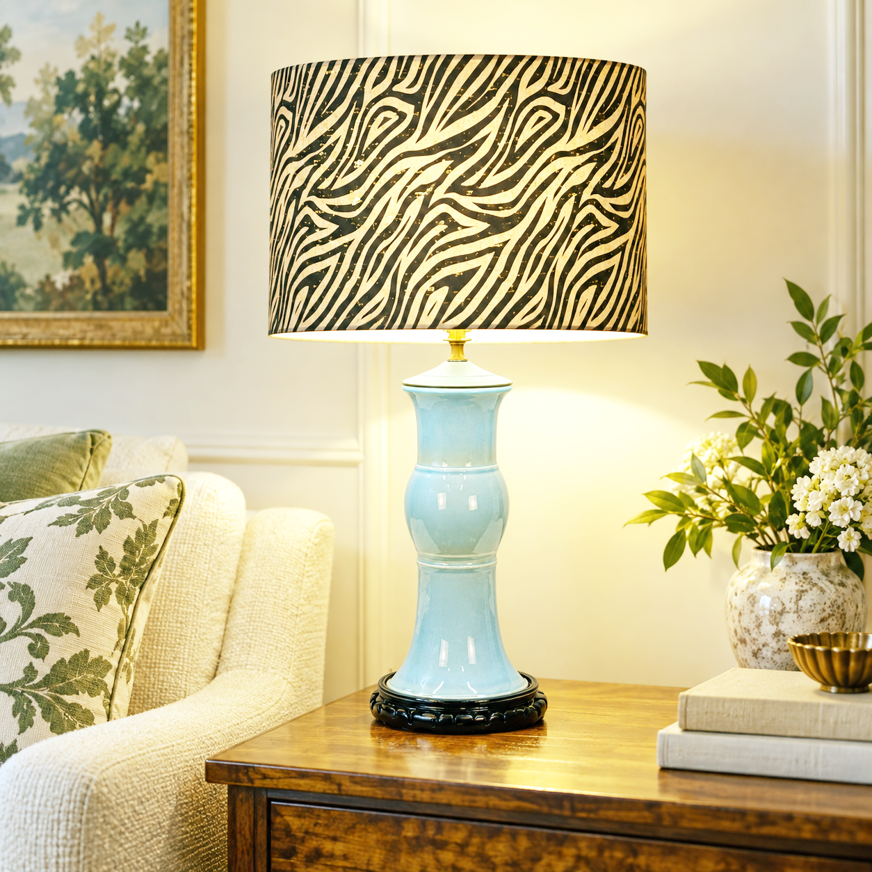 Vintage Light Blue Ceramic Table Lamp, Celadon Asian Style Lamp, Black Carved Base, Chinoiserie Lamp, 24 Inch Vintage Lighting