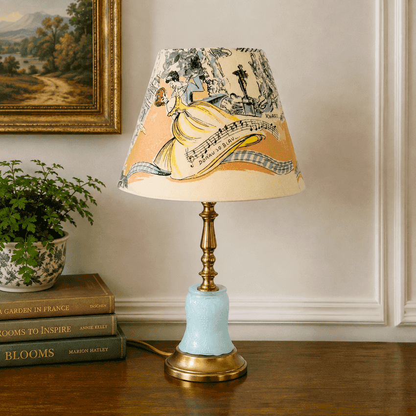 Handmade Light Blue Glass Table Lamp | Custom Painted Vintage Glass Lamp | Brass Accent Lighting