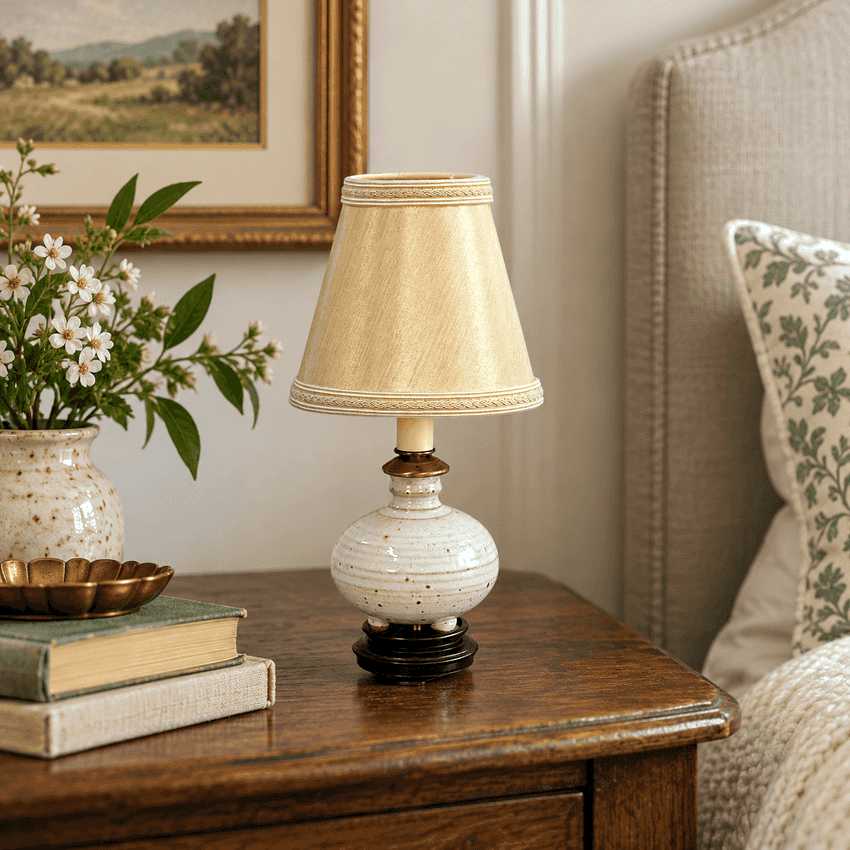Vintage Mini Pottery Table Lamp with Ivory Shade | Small Cream Ceramic Accent Lamp | Wood Base | Cottage Bedside Lighting