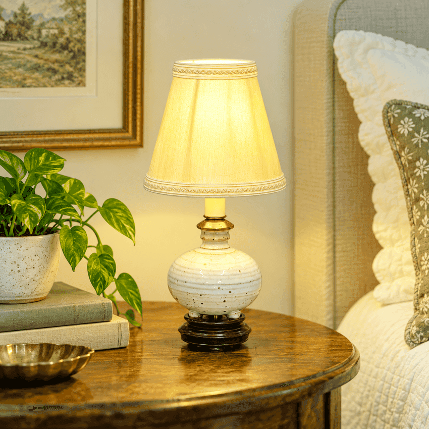 Vintage Mini Pottery Table Lamp with Ivory Shade | Small Cream Ceramic Accent Lamp | Wood Base | Cottage Bedside Lighting