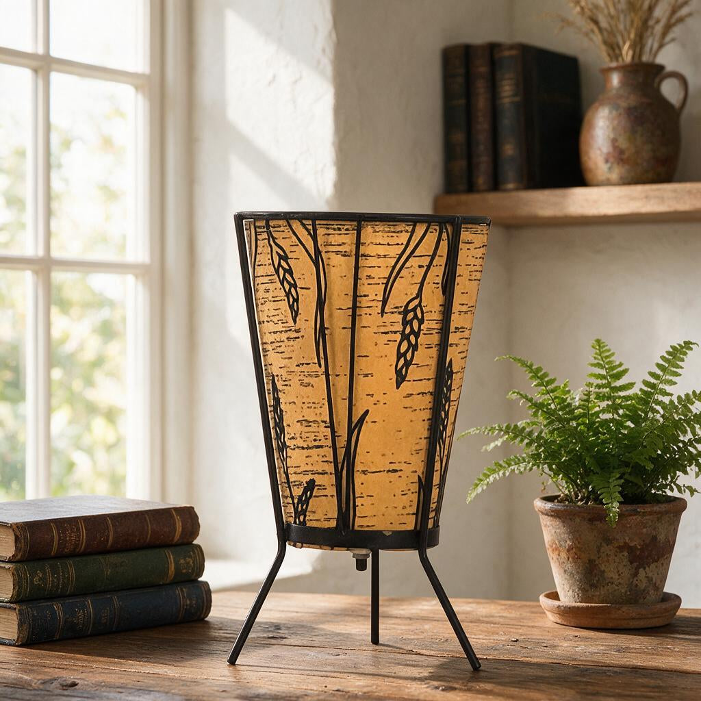 Vintage Faux Birch Bark Oil-Paper Tripod Accent Lamp with Wheat Motif – Mid-Century Modern Rustic Table Lamp