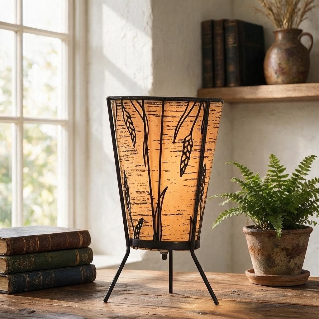 Vintage Faux Birch Bark Oil-Paper Tripod Accent Lamp with Wheat Motif – Mid-Century Modern Rustic Table Lamp