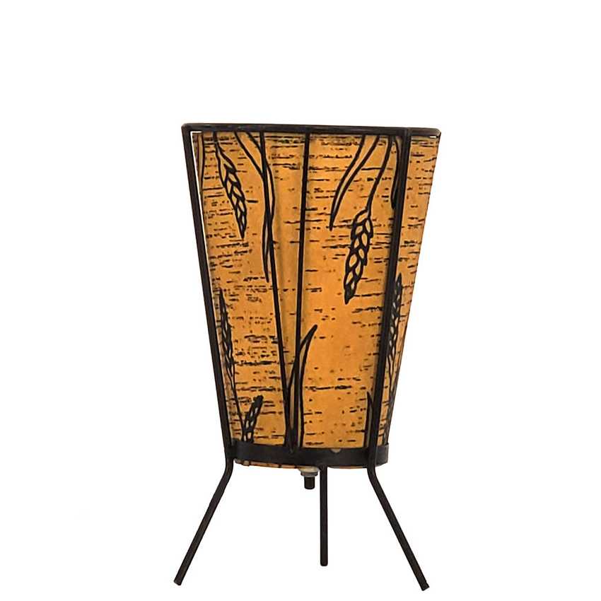 Vintage Faux Birch Bark Oil-Paper Tripod Accent Lamp with Wheat Motif – Mid-Century Modern Rustic Table Lamp
