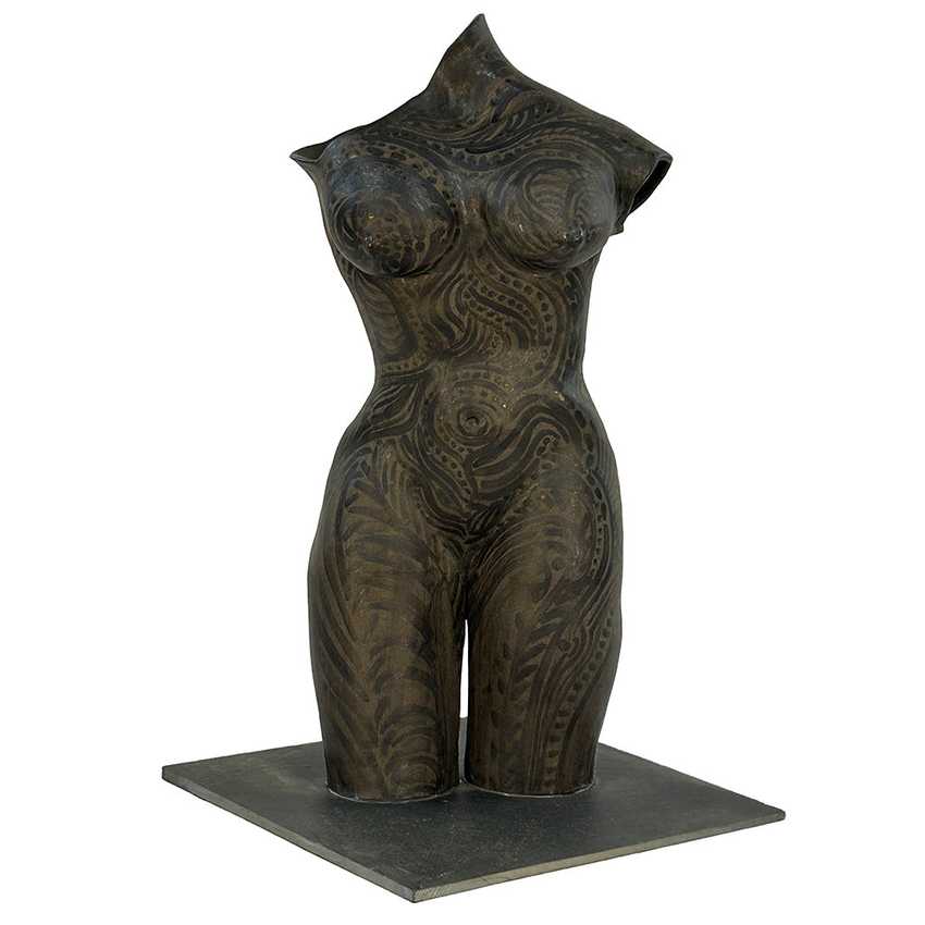 A dark bronze pottery  sculpture of a female torso with intricate tribal tattoo patterns, mounted on a square dark base against a plain white background.