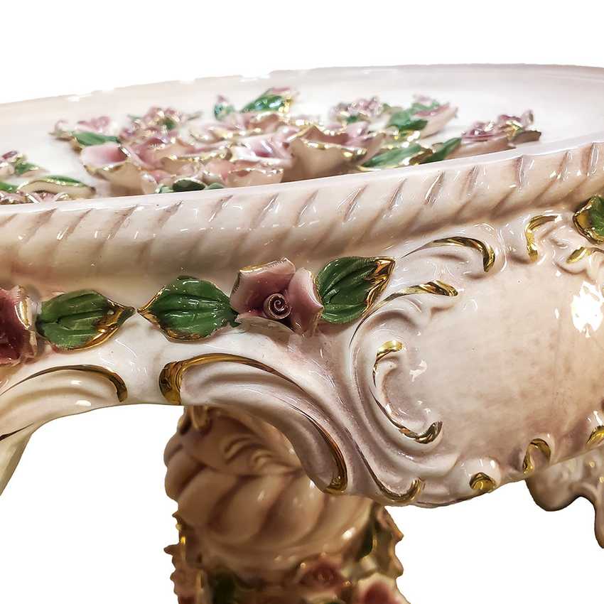 Pair of Columbia Fine Porcelain Rose Pedestal Tables | Ornate Pink Floral Side Tables | Hollywood Regency Victorian Decor
