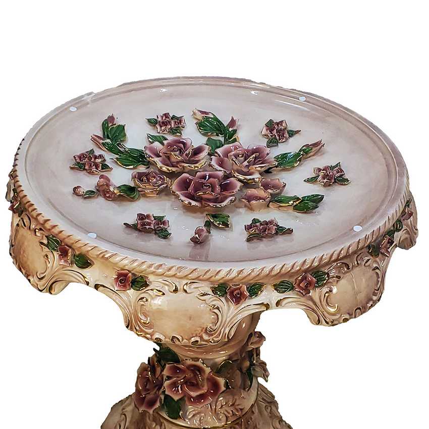 Pair of Columbia Fine Porcelain Rose Pedestal Tables | Ornate Pink Floral Side Tables | Hollywood Regency Victorian Decor