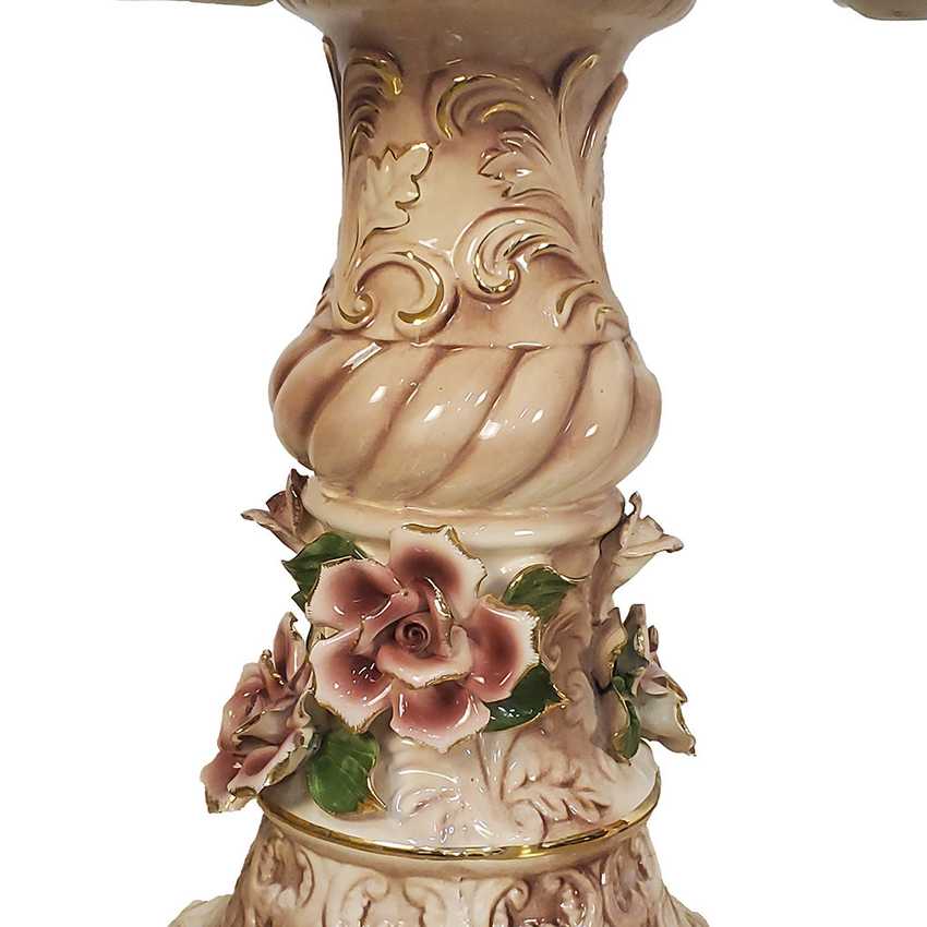 Pair of Columbia Fine Porcelain Rose Pedestal Tables | Ornate Pink Floral Side Tables | Hollywood Regency Victorian Decor