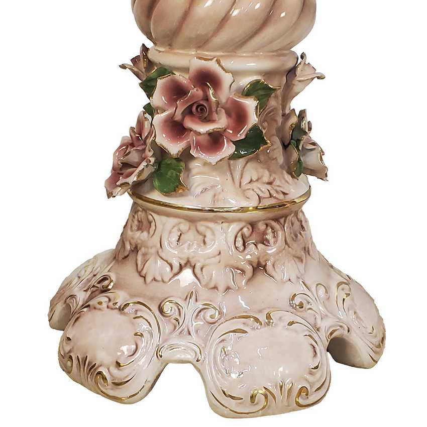 Pair of Columbia Fine Porcelain Rose Pedestal Tables | Ornate Pink Floral Side Tables | Hollywood Regency Victorian Decor