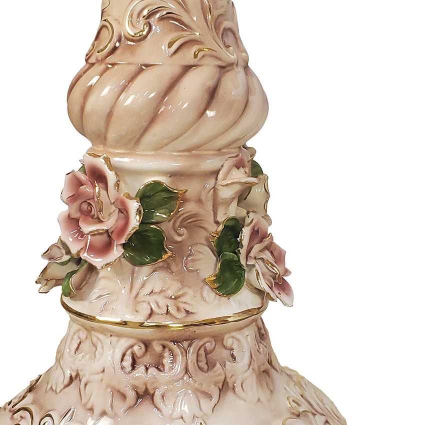 Pair of Columbia Fine Porcelain Rose Pedestal Tables | Ornate Pink Floral Side Tables | Hollywood Regency Victorian Decor
