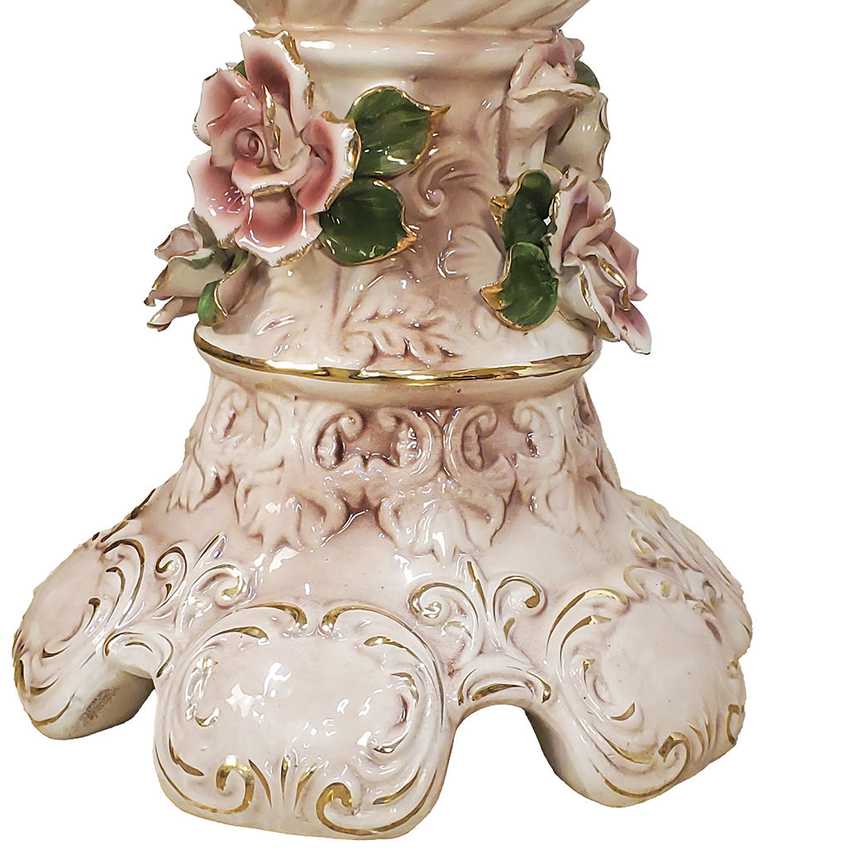 Pair of Columbia Fine Porcelain Rose Pedestal Tables | Ornate Pink Floral Side Tables | Hollywood Regency Victorian Decor
