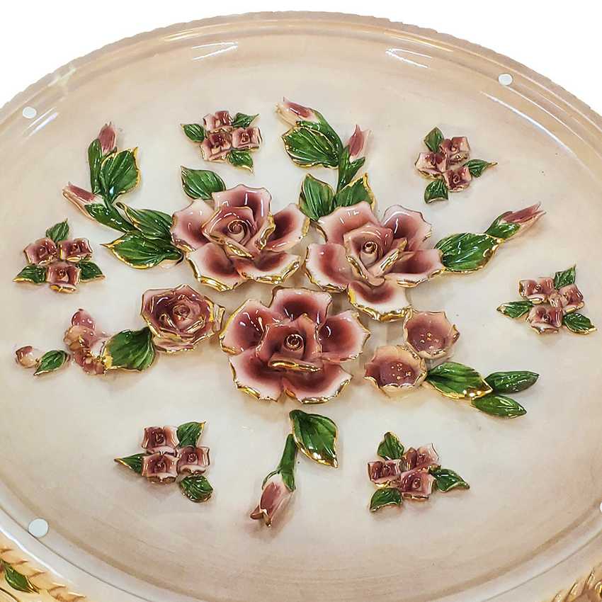 Pair of Columbia Fine Porcelain Rose Pedestal Tables | Ornate Pink Floral Side Tables | Hollywood Regency Victorian Decor