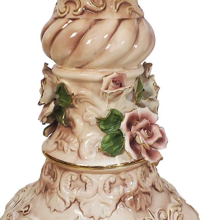 Pair of Columbia Fine Porcelain Rose Pedestal Tables | Ornate Pink Floral Side Tables | Hollywood Regency Victorian Decor
