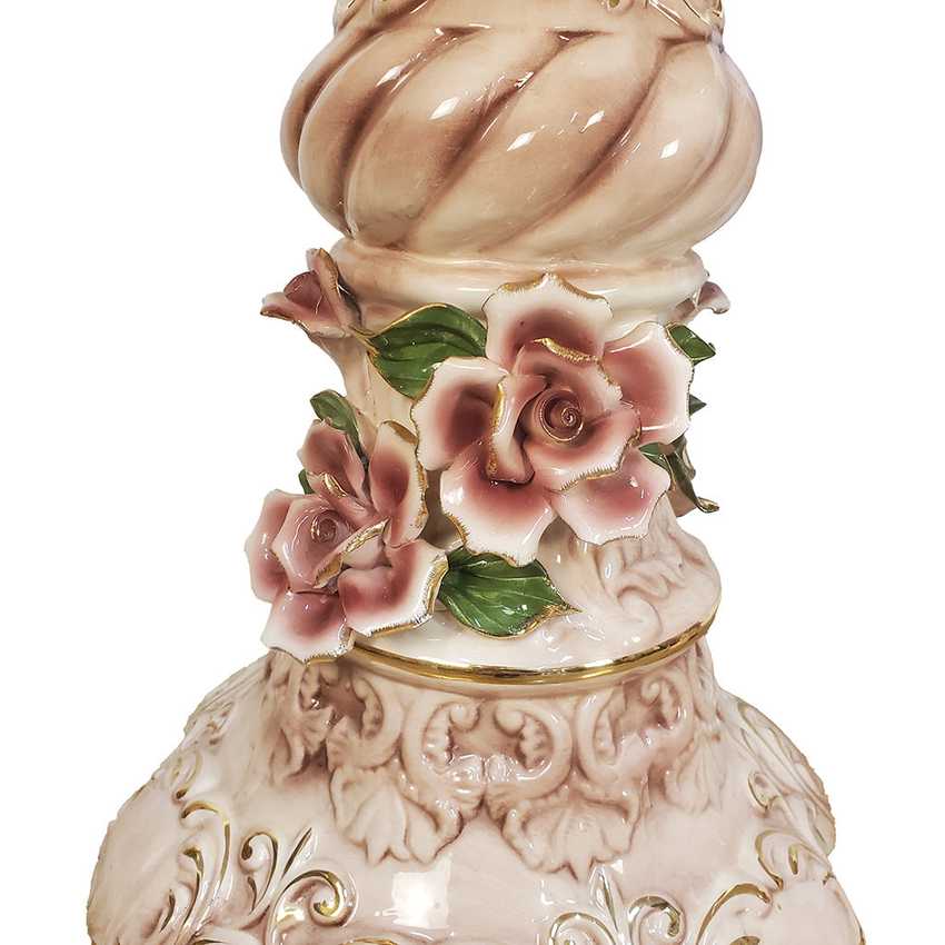 Pair of Columbia Fine Porcelain Rose Pedestal Tables | Ornate Pink Floral Side Tables | Hollywood Regency Victorian Decor