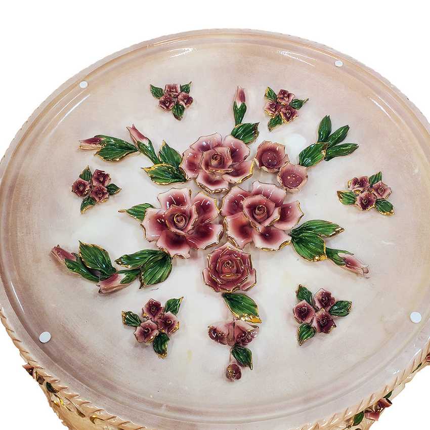 Pair of Columbia Fine Porcelain Rose Pedestal Tables | Ornate Pink Floral Side Tables | Hollywood Regency Victorian Decor