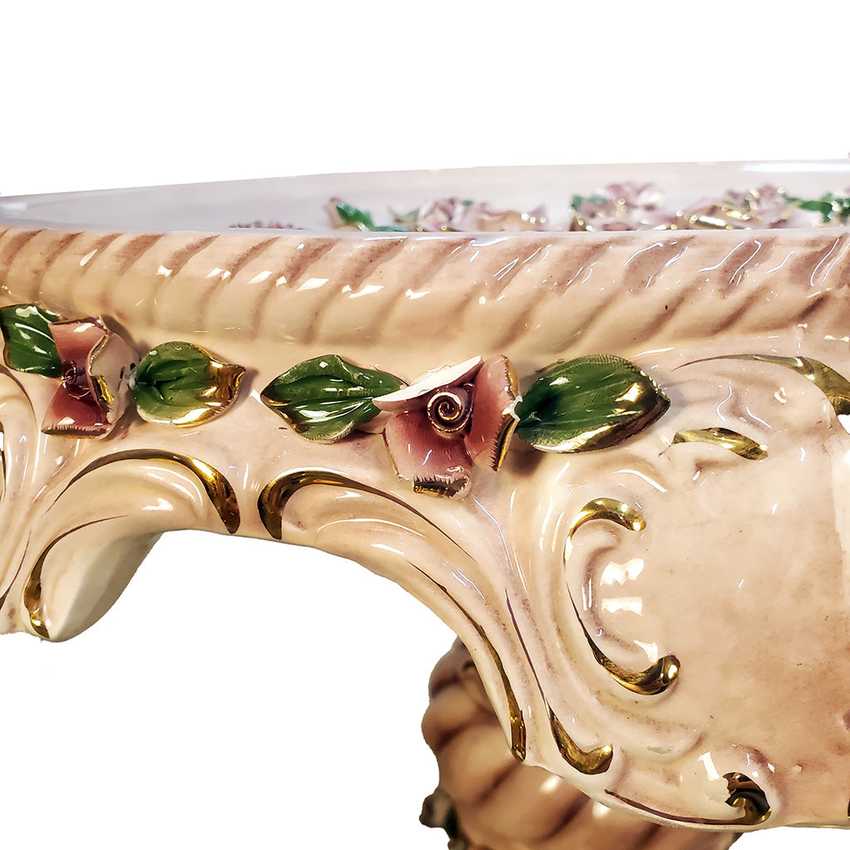 Pair of Columbia Fine Porcelain Rose Pedestal Tables | Ornate Pink Floral Side Tables | Hollywood Regency Victorian Decor