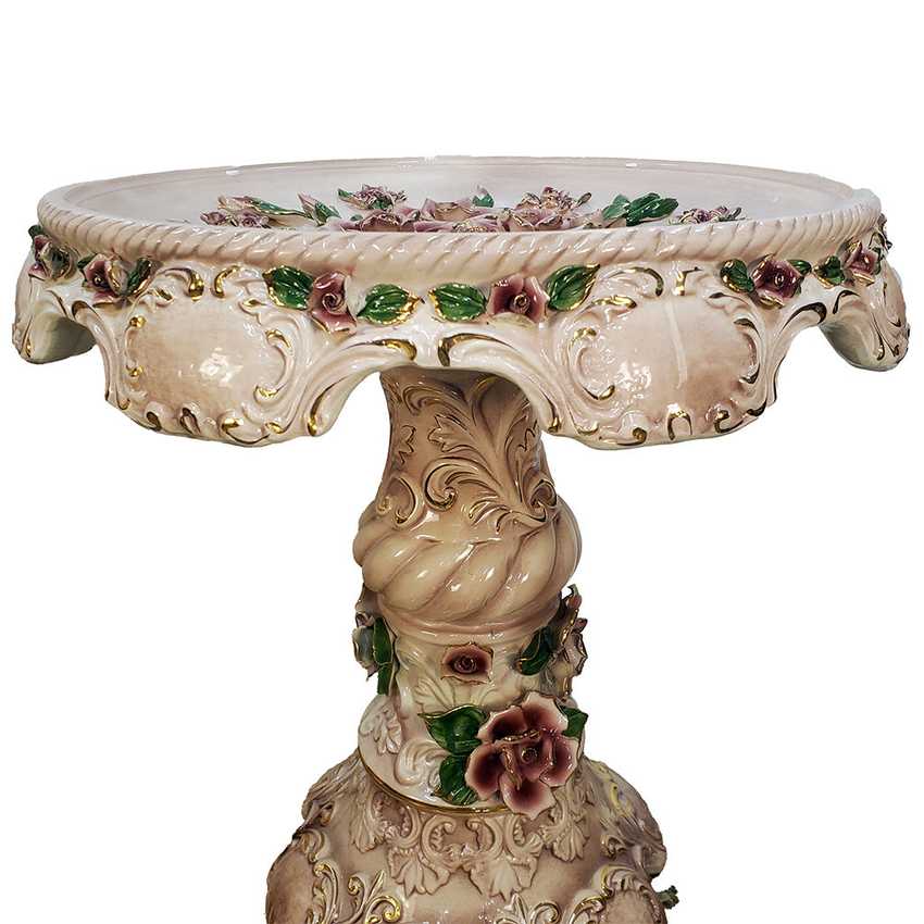 Pair of Columbia Fine Porcelain Rose Pedestal Tables | Ornate Pink Floral Side Tables | Hollywood Regency Victorian Decor