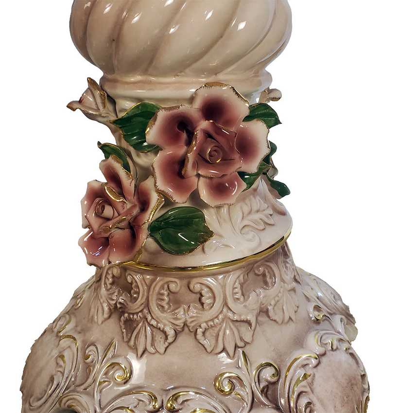 Pair of Columbia Fine Porcelain Rose Pedestal Tables | Ornate Pink Floral Side Tables | Hollywood Regency Victorian Decor