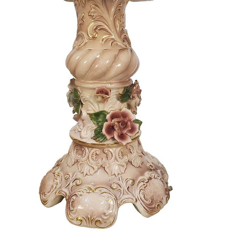 Pair of Columbia Fine Porcelain Rose Pedestal Tables | Ornate Pink Floral Side Tables | Hollywood Regency Victorian Decor