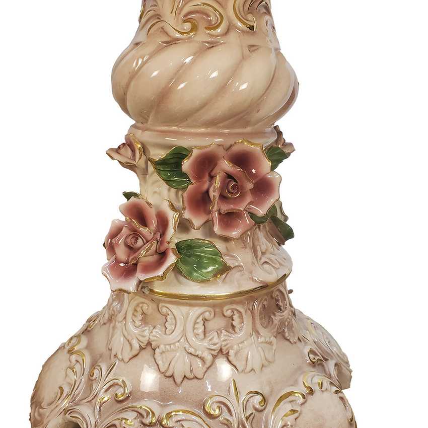 Pair of Columbia Fine Porcelain Rose Pedestal Tables | Ornate Pink Floral Side Tables | Hollywood Regency Victorian Decor