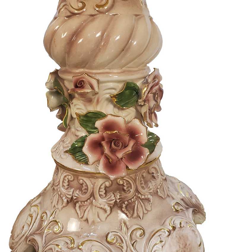 Pair of Columbia Fine Porcelain Rose Pedestal Tables | Ornate Pink Floral Side Tables | Hollywood Regency Victorian Decor