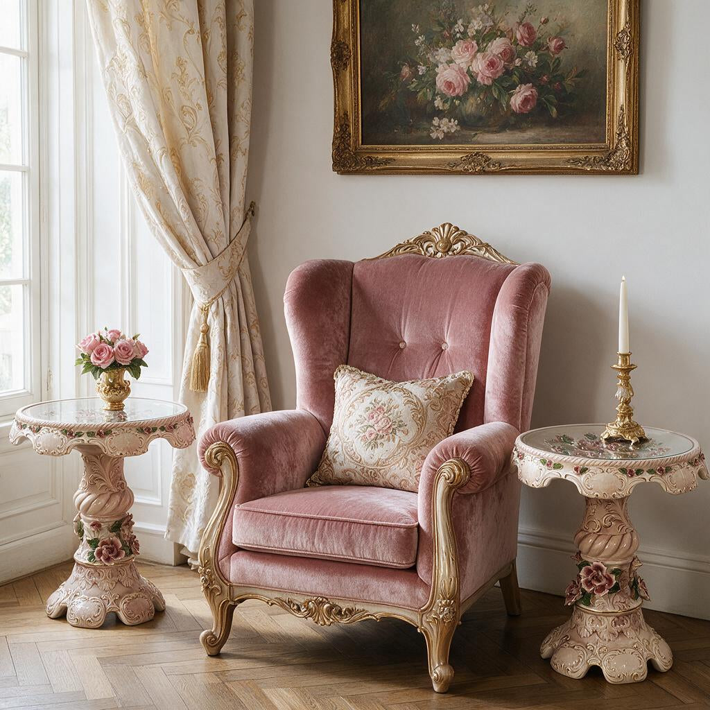 Pair of Columbia Fine Porcelain Rose Pedestal Tables | Ornate Pink Floral Side Tables | Hollywood Regency Victorian Decor