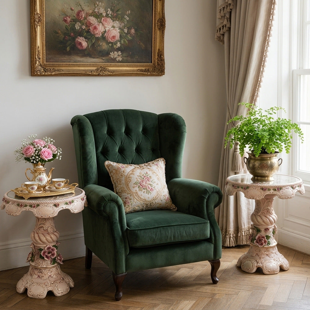 Pair of Columbia Fine Porcelain Rose Pedestal Tables | Ornate Pink Floral Side Tables | Hollywood Regency Victorian Decor