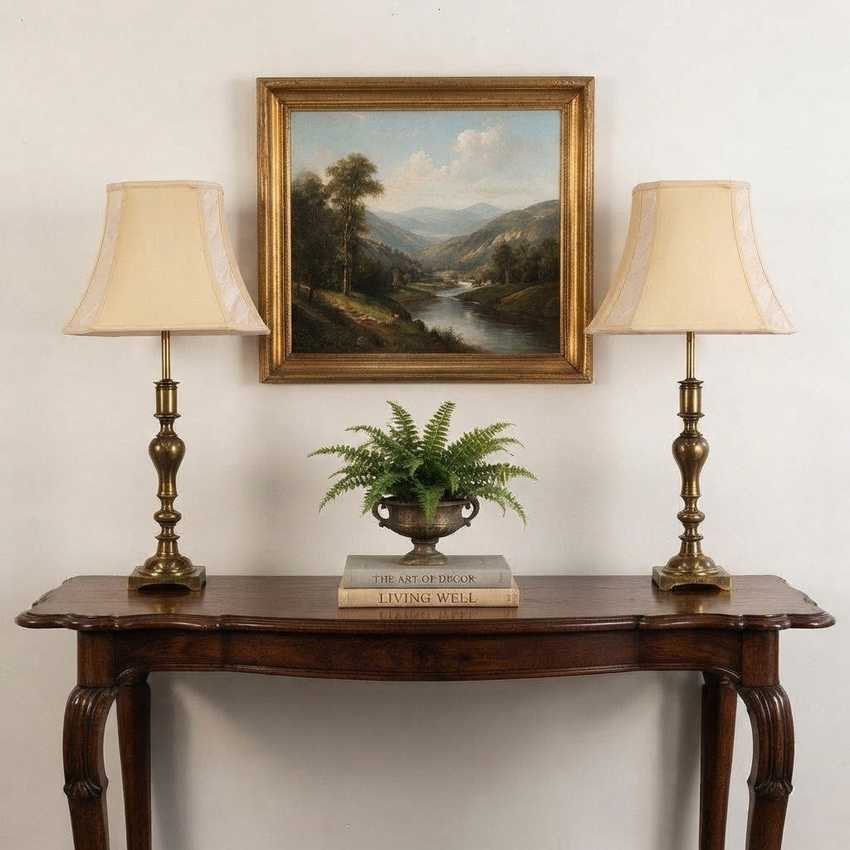 A framed landscape painting hangs on a white wall above a dark wood console table. Two matching table lamps with beige shades and brass bases sit on either side of the table, and a small potted fern rests on top of two books in the center.