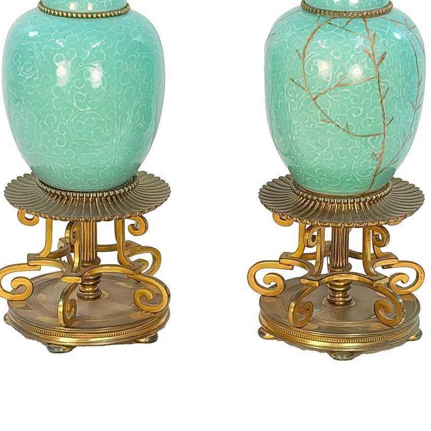 Pair Vintage Turquoise Celadon Style Ceramic Table Lamps, Kintsugi Inspired Gold Repair, Ornate Brass Chinoiserie Lamps