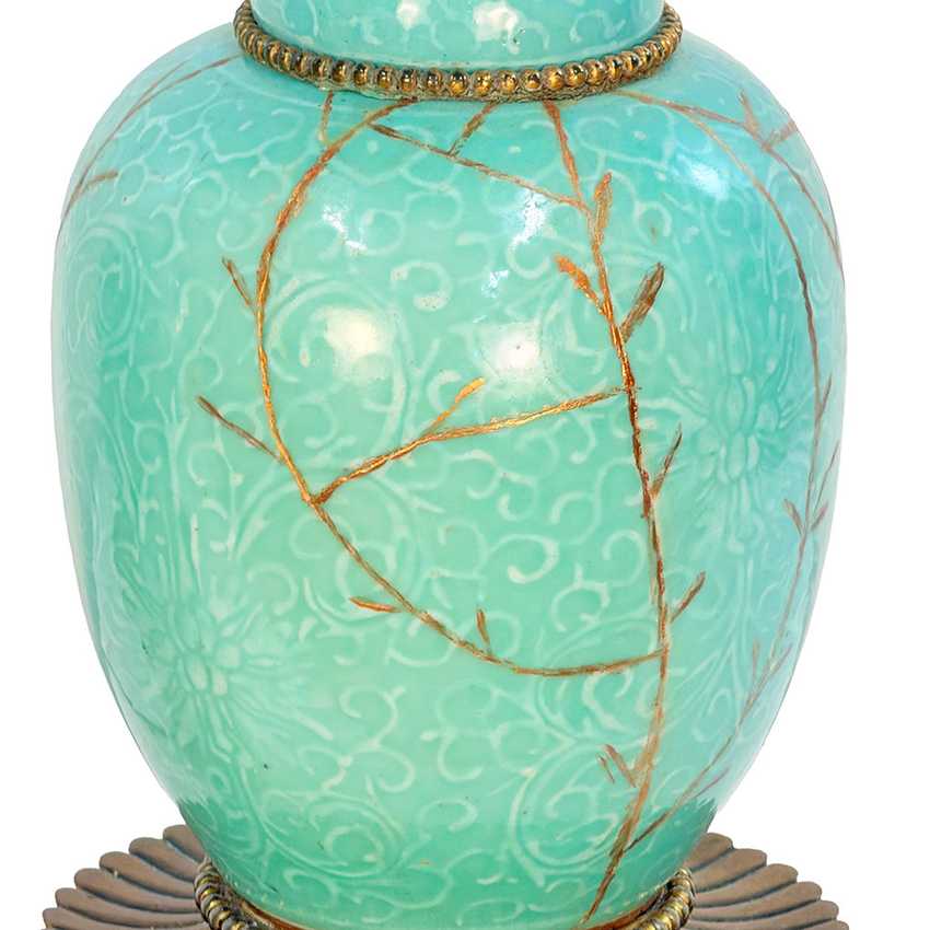 Pair Vintage Turquoise Celadon Style Ceramic Table Lamps, Kintsugi Inspired Gold Repair, Ornate Brass Chinoiserie Lamps