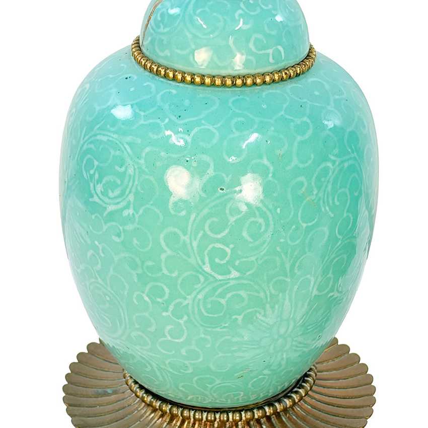 Pair Vintage Turquoise Celadon Style Ceramic Table Lamps, Kintsugi Inspired Gold Repair, Ornate Brass Chinoiserie Lamps