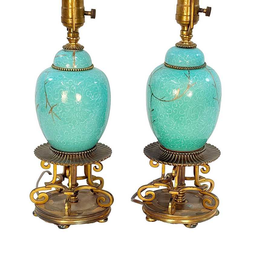 Pair Vintage Turquoise Celadon Style Ceramic Table Lamps, Kintsugi Inspired Gold Repair, Ornate Brass Chinoiserie Lamps