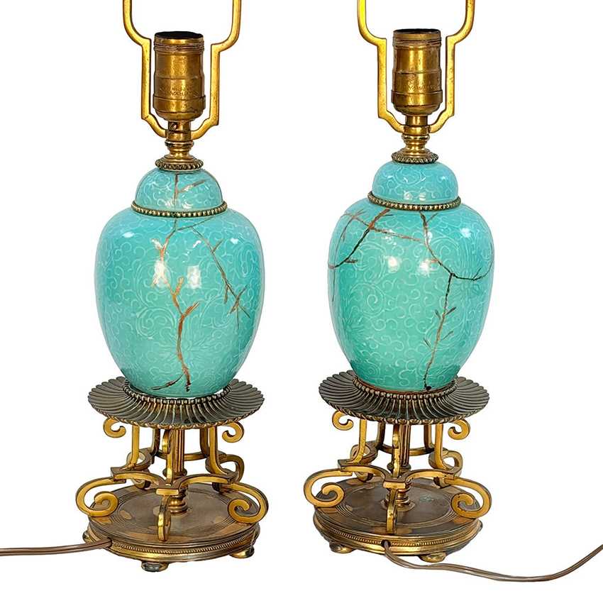 Pair Vintage Turquoise Celadon Style Ceramic Table Lamps, Kintsugi Inspired Gold Repair, Ornate Brass Chinoiserie Lamps
