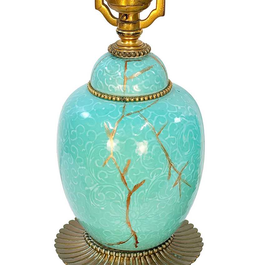 Pair Vintage Turquoise Celadon Style Ceramic Table Lamps, Kintsugi Inspired Gold Repair, Ornate Brass Chinoiserie Lamps