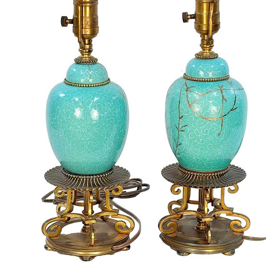 Pair Vintage Turquoise Celadon Style Ceramic Table Lamps, Kintsugi Inspired Gold Repair, Ornate Brass Chinoiserie Lamps