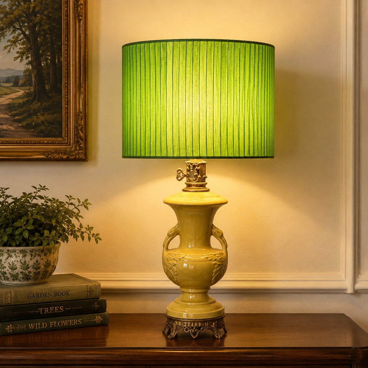 A table lamp with a ribbed green drum shade and an ornate yellow-green ceramic base with gold-toned metal details, shown lit on a wooden table in a warmly lit room.
