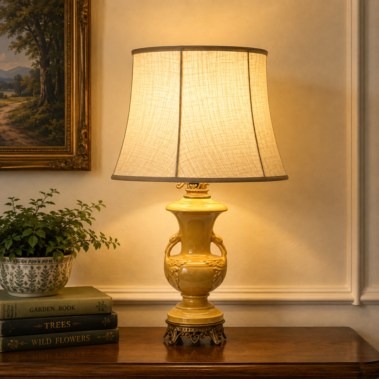 A table lamp with a warm yellow-gold ceramic urn base and a beige linen drum shade, lit to cast a soft glow on a wooden console table in an elegant room setting.
