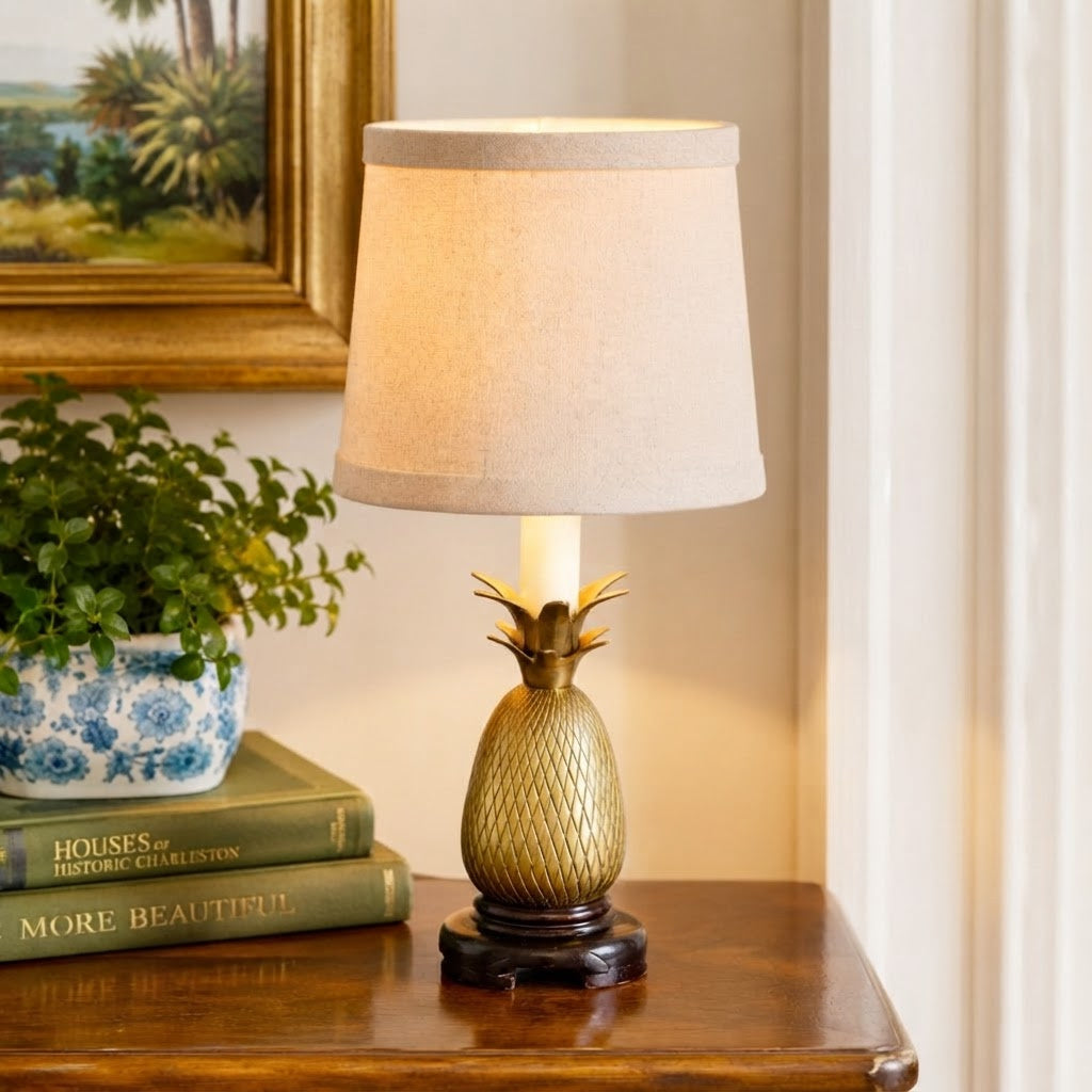Vintage Andrea by Sadek Brass Pineapple Lamp with Shade | Hollywood Regency Boudoir Accent Lamp