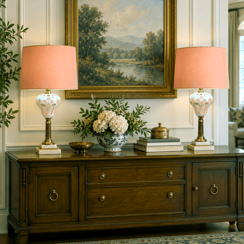 Pair Vintage Pink Bohemian Glass Table Lamps | White Overlay Glass with Hand Painted Flowers | Marble Base Lamps