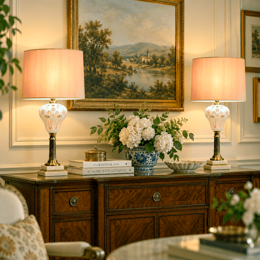 Pair Vintage Pink Bohemian Glass Table Lamps | White Overlay Glass with Hand Painted Flowers | Marble Base Lamps