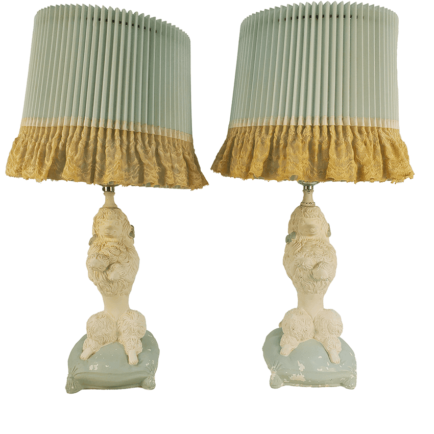 Vintage Mid Century Ceramic Poodle Lamps Pair | Kitsch Aqua Blue Pastel Dog Table Lamps with Pleated Ruffle Shades | Retro Nursery & Quirky Maximalist Decor