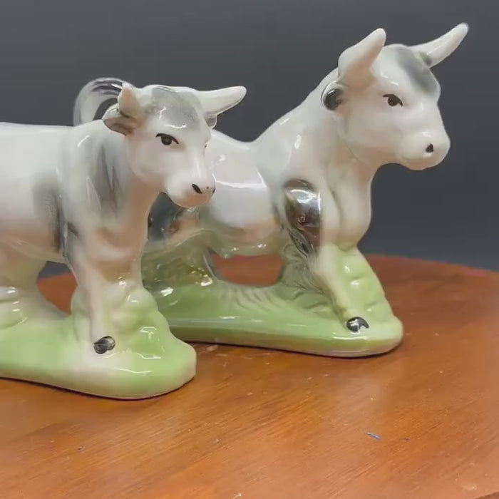 Vintage Opalescent Brazilian Cow Bull Pair, Glazed Ceramic Figurines, Collectible Animal Ceramic Animal