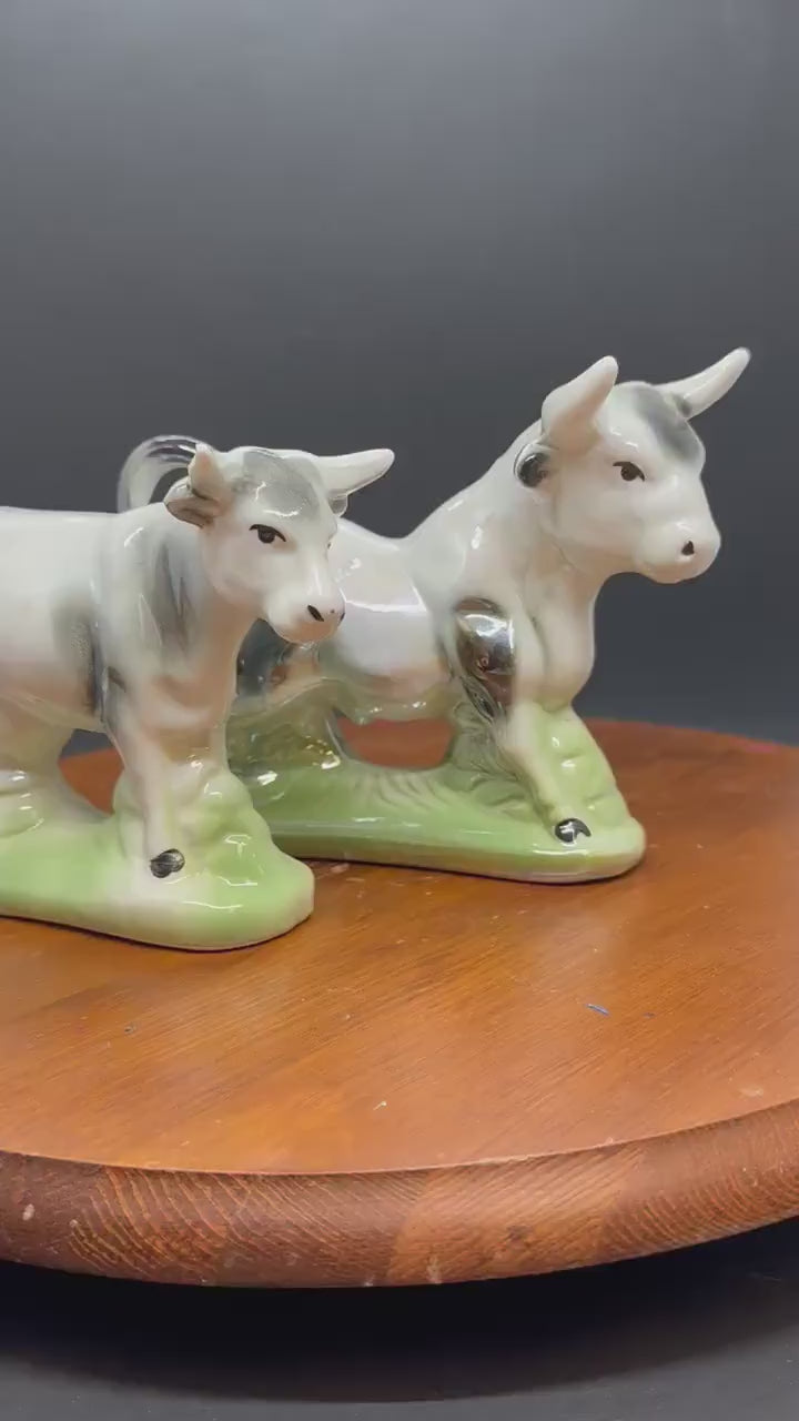 Vintage Opalescent Brazilian Cow Bull Pair, Glazed Ceramic Figurines, Collectible Animal Ceramic Animal