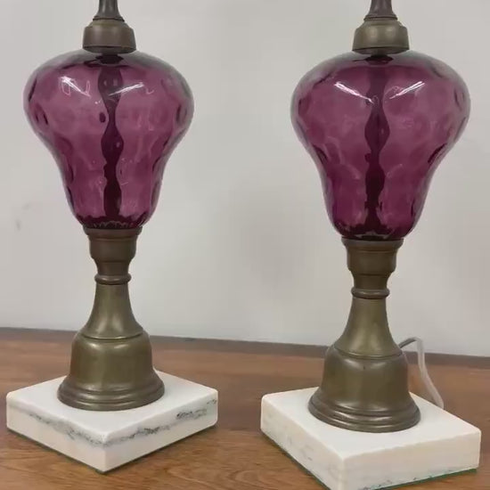 Vintage Amethyst / Purple Thumprint Glass Lamps, PAIR