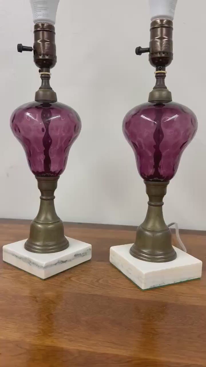 Vintage Amethyst / Purple Thumprint Glass Lamps, PAIR