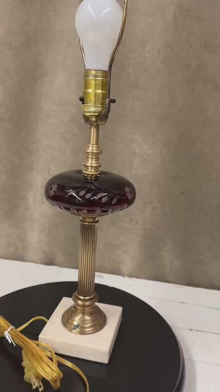 Ruby Cut to Clear Glass and Brass Lamp